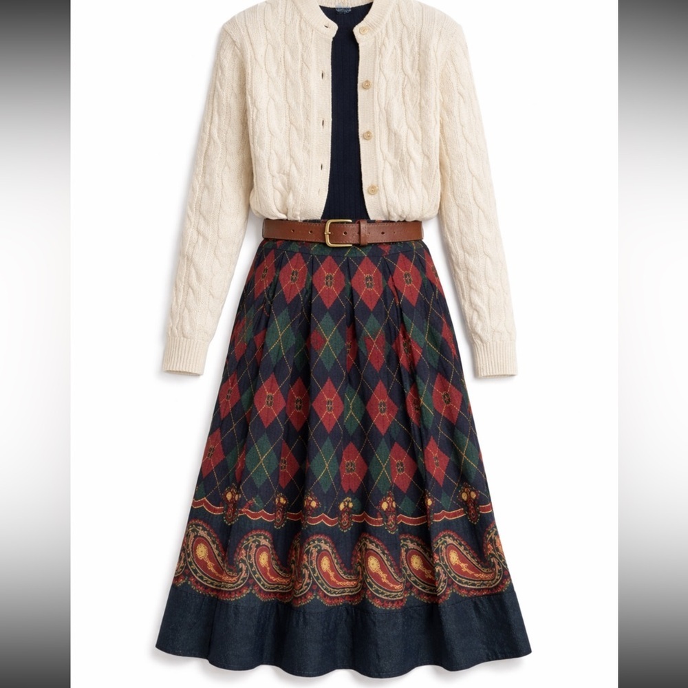 Vintage 80s Koret argyle Crest paisley Acadamia Pleated midi skirt Sz 16 western